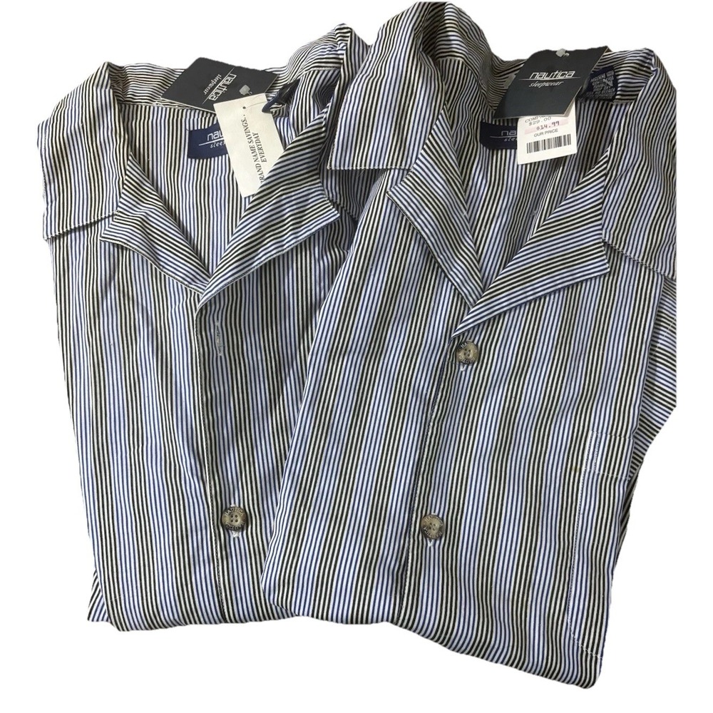 Nautica Sleepwear Men's Blue White‎ Stripe Vintage Night Shirt Size XL Button